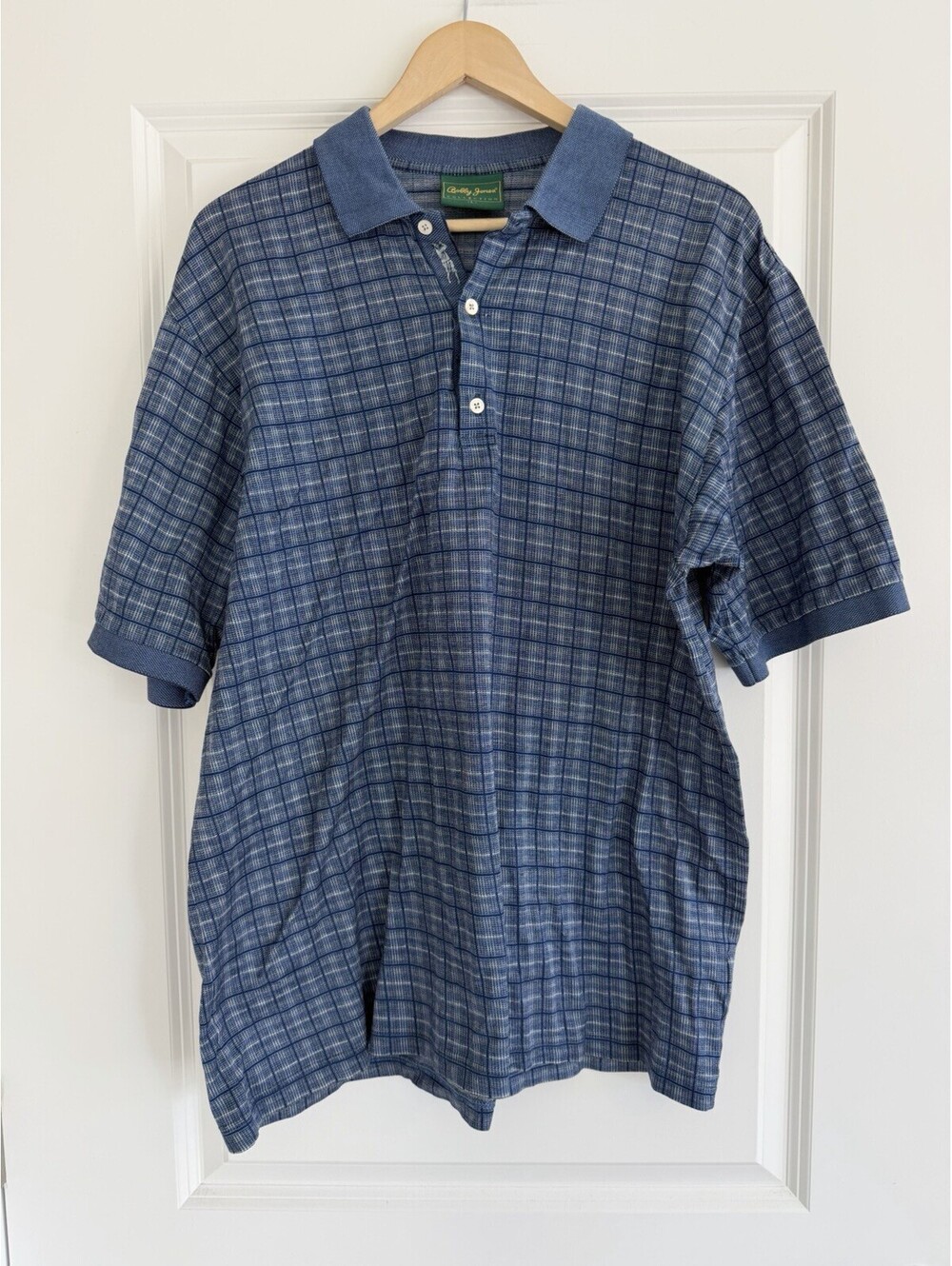 Bobby Jones Collection Men's L Golf Polo Shirt Blue Plaid Made In Italy Preppy